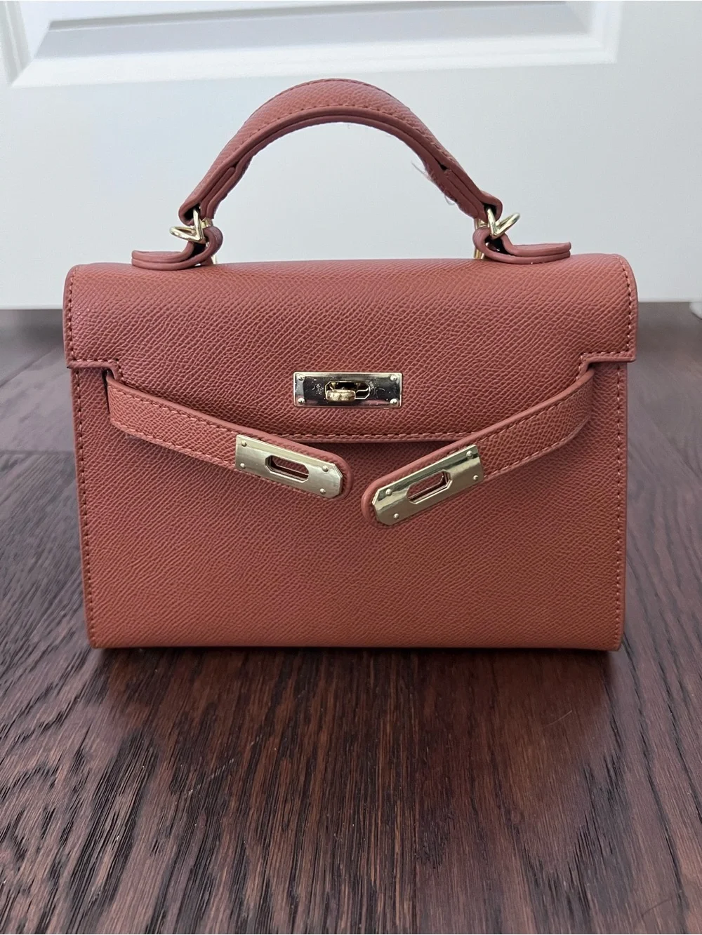 Cognac Tan Faux Leather Mini Bag Front Cross Clasps Crossbody Strap EUC